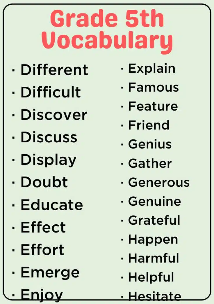 List Of Grade 5th Vocabulary Words