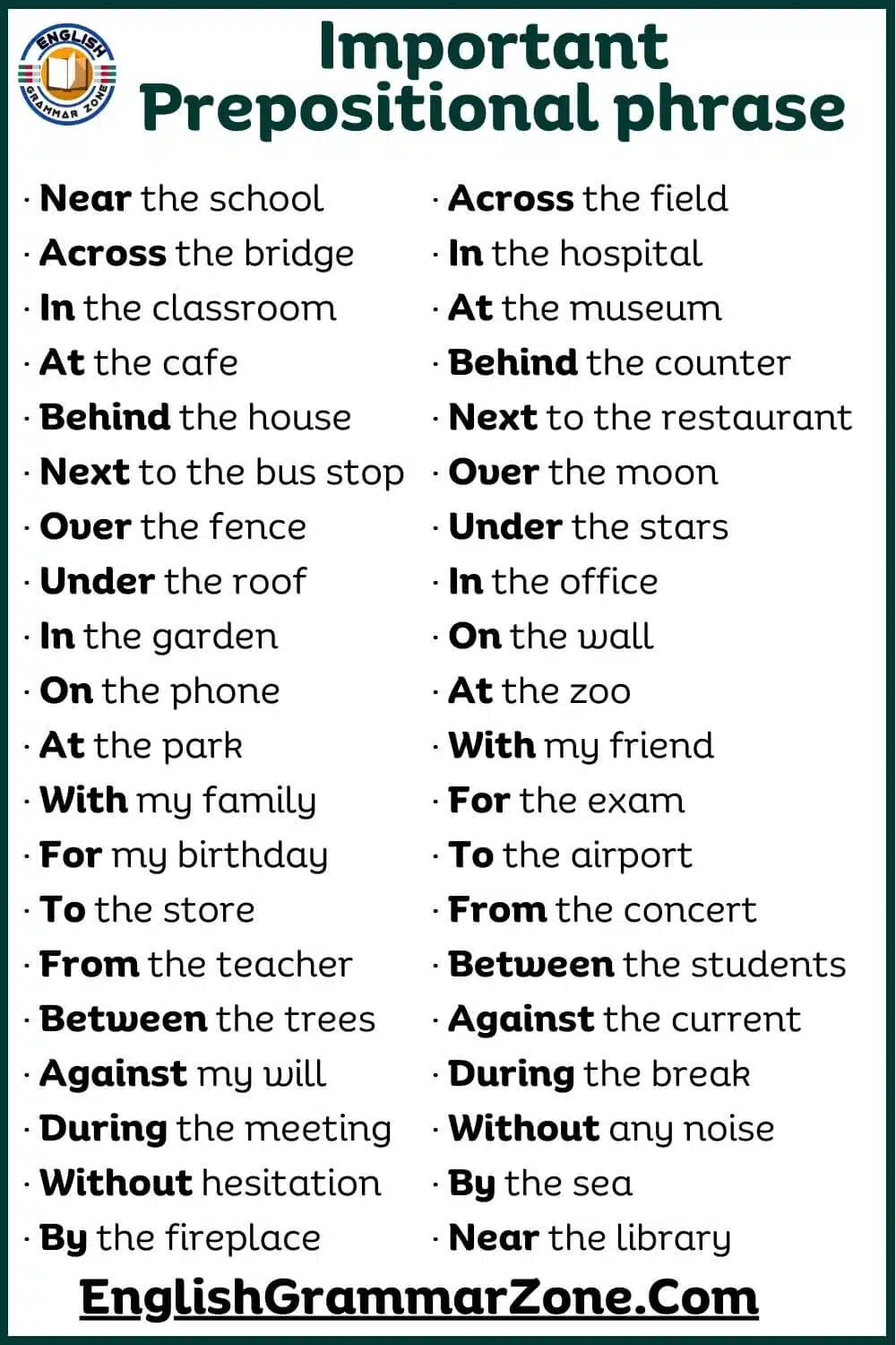 Important prepositional phrases with examples