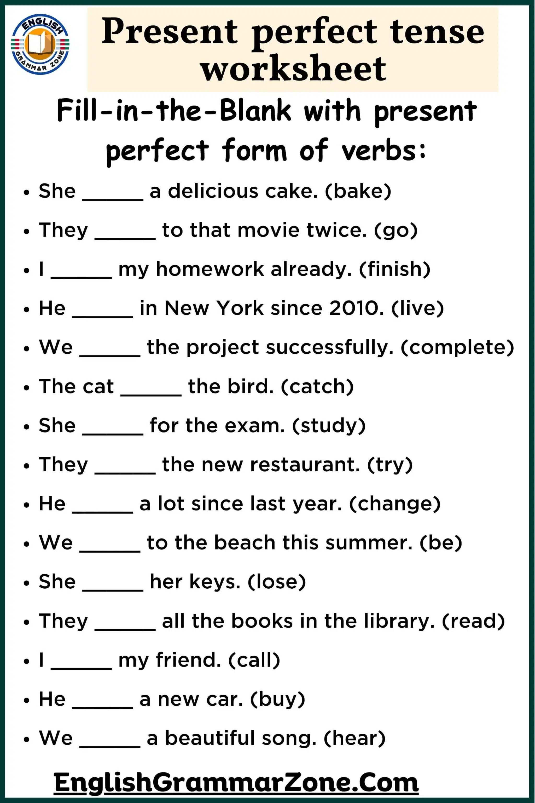 Present perfect tense worksheet