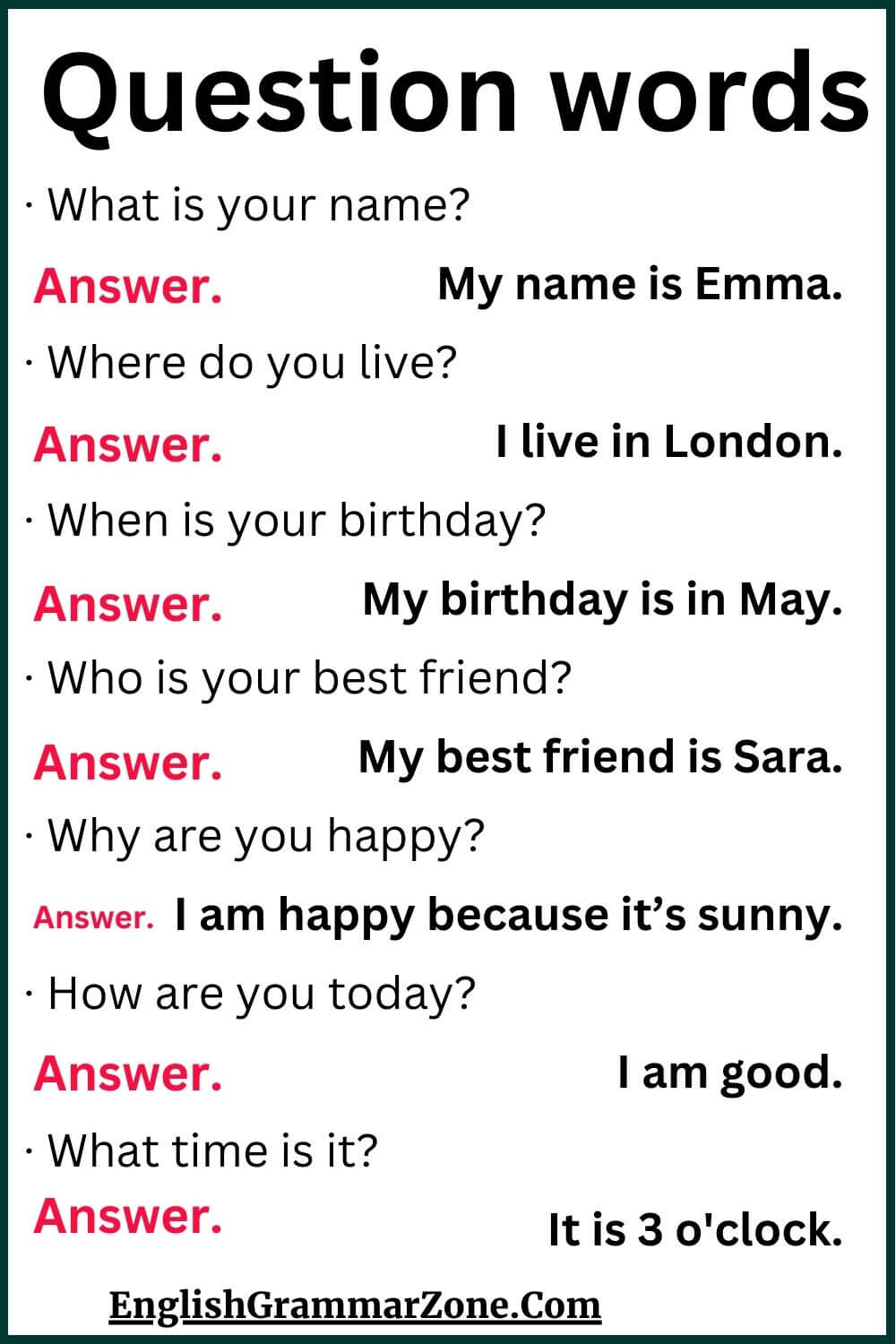 Question words examples with Answer