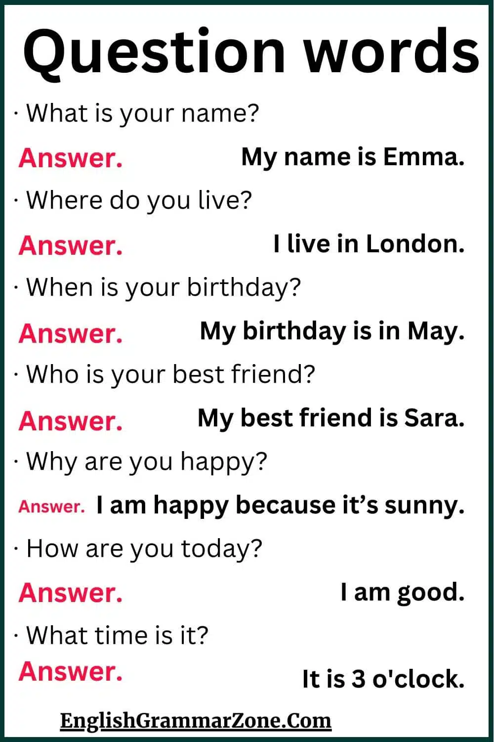 Question words examples with Answer