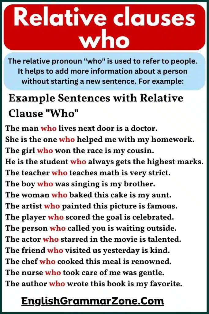 Relative clause with  who definition with examples