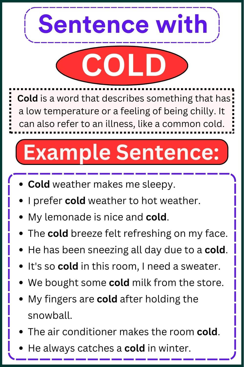 sentences with cold definition and examples