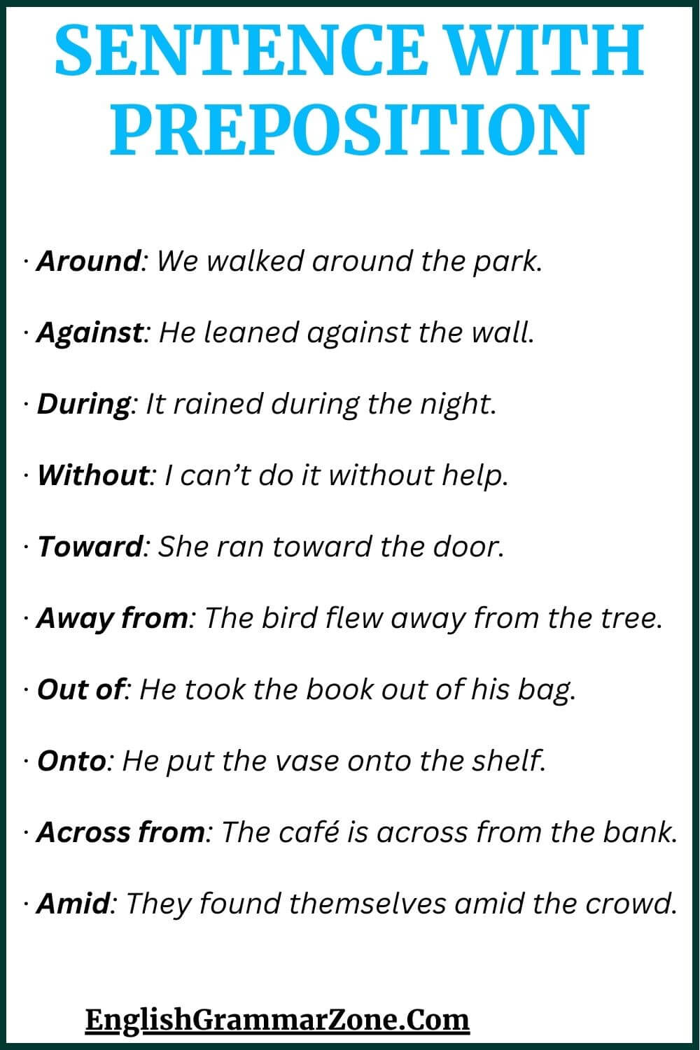 Preposition examples sentences with answers
