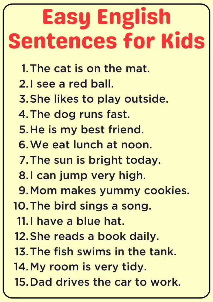 100 Easy English Sentence For Kids