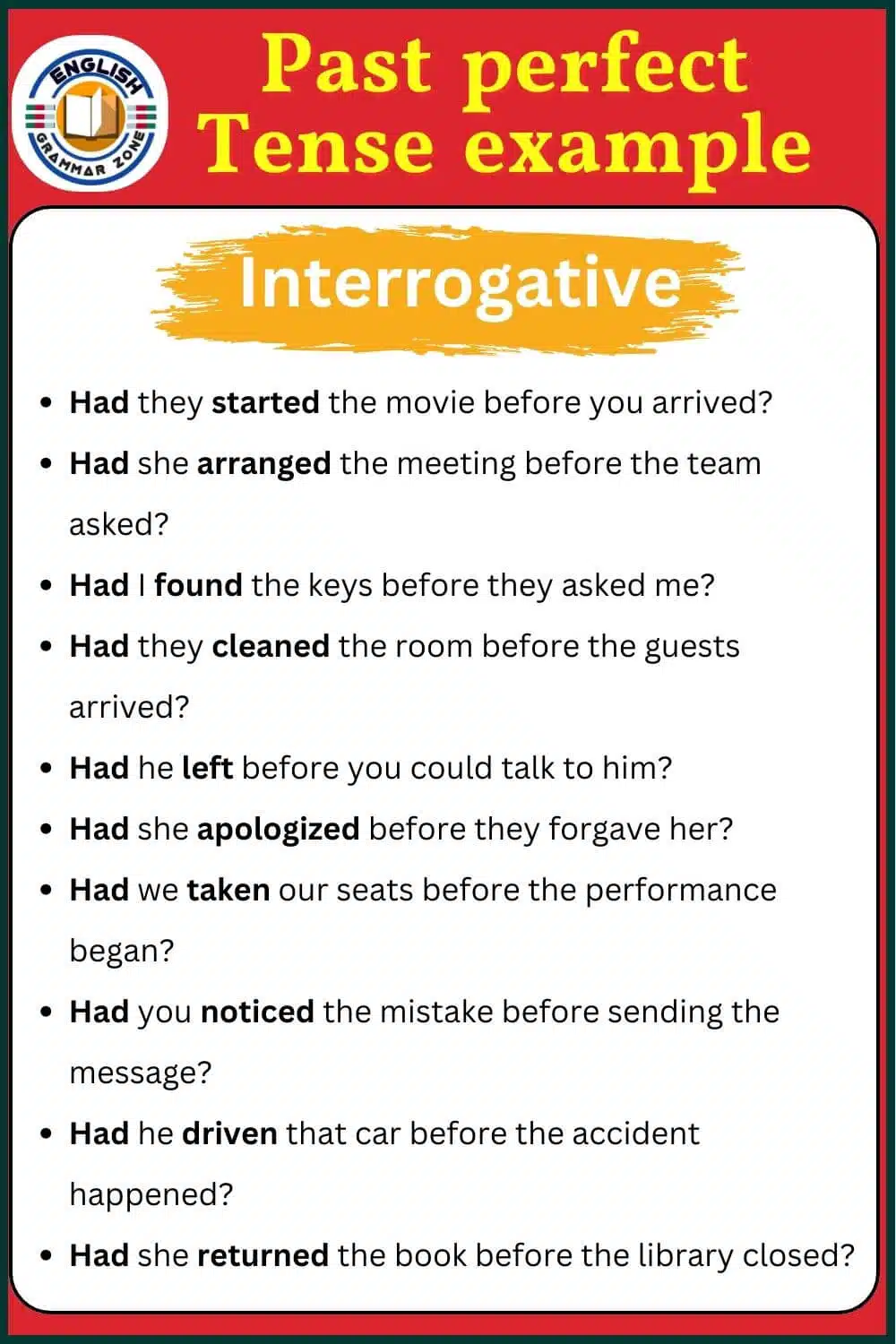Past perfect tense example