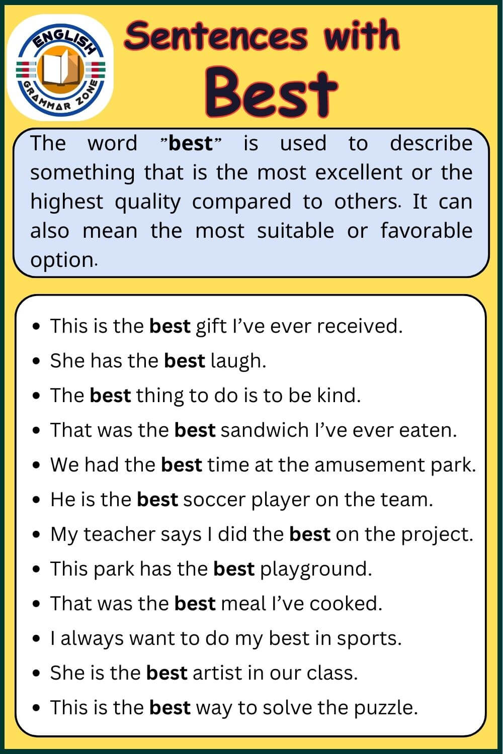 Sentence with best meaning and example