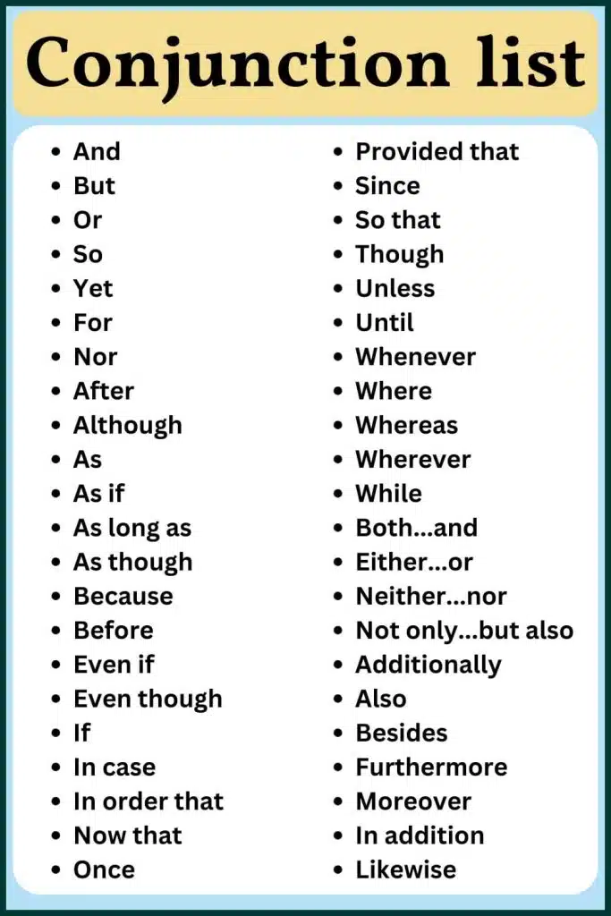 100 examples of conjunction words