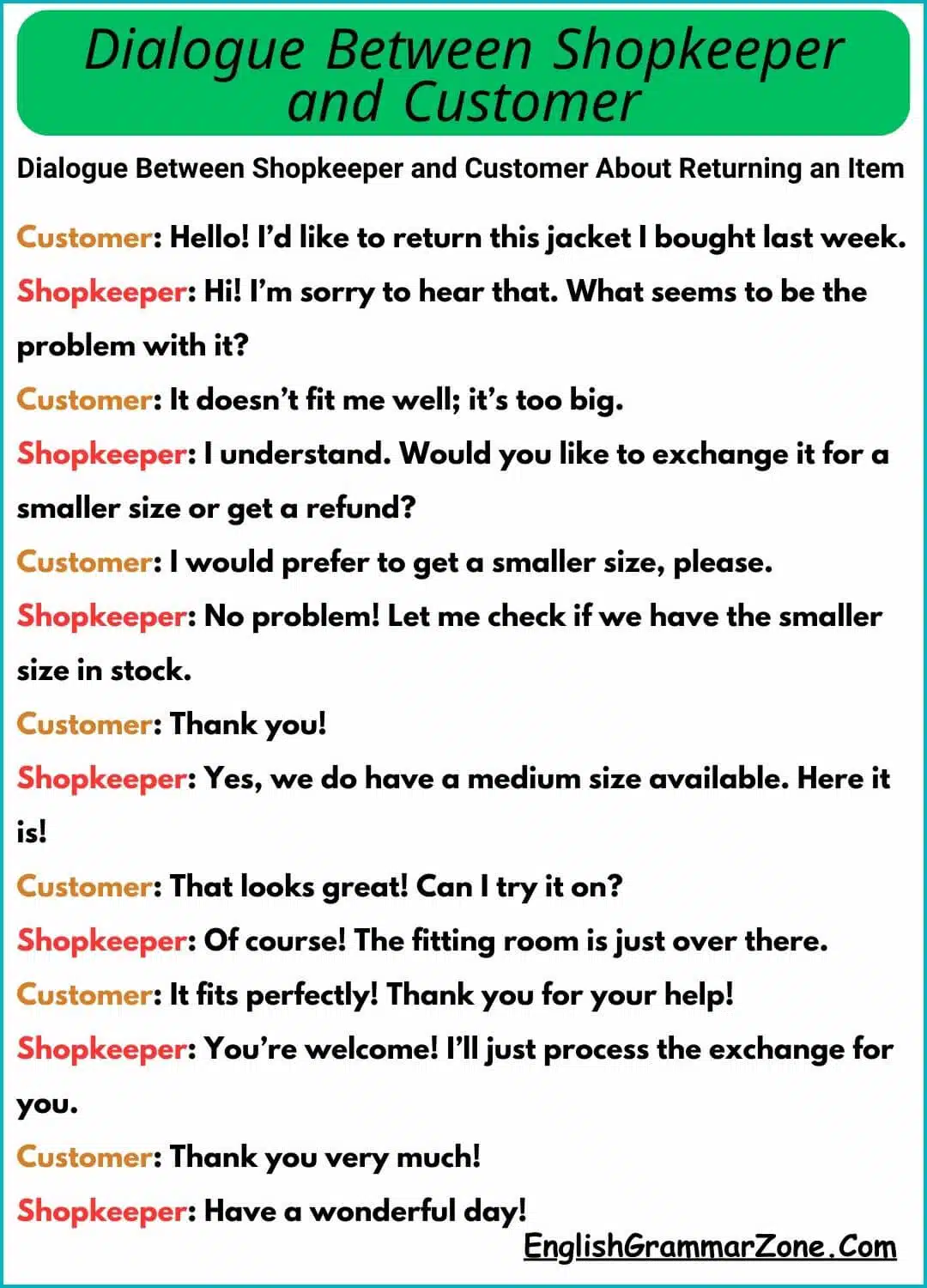 Dialogue Between Shopkeeper and Customer About Returning an Item
