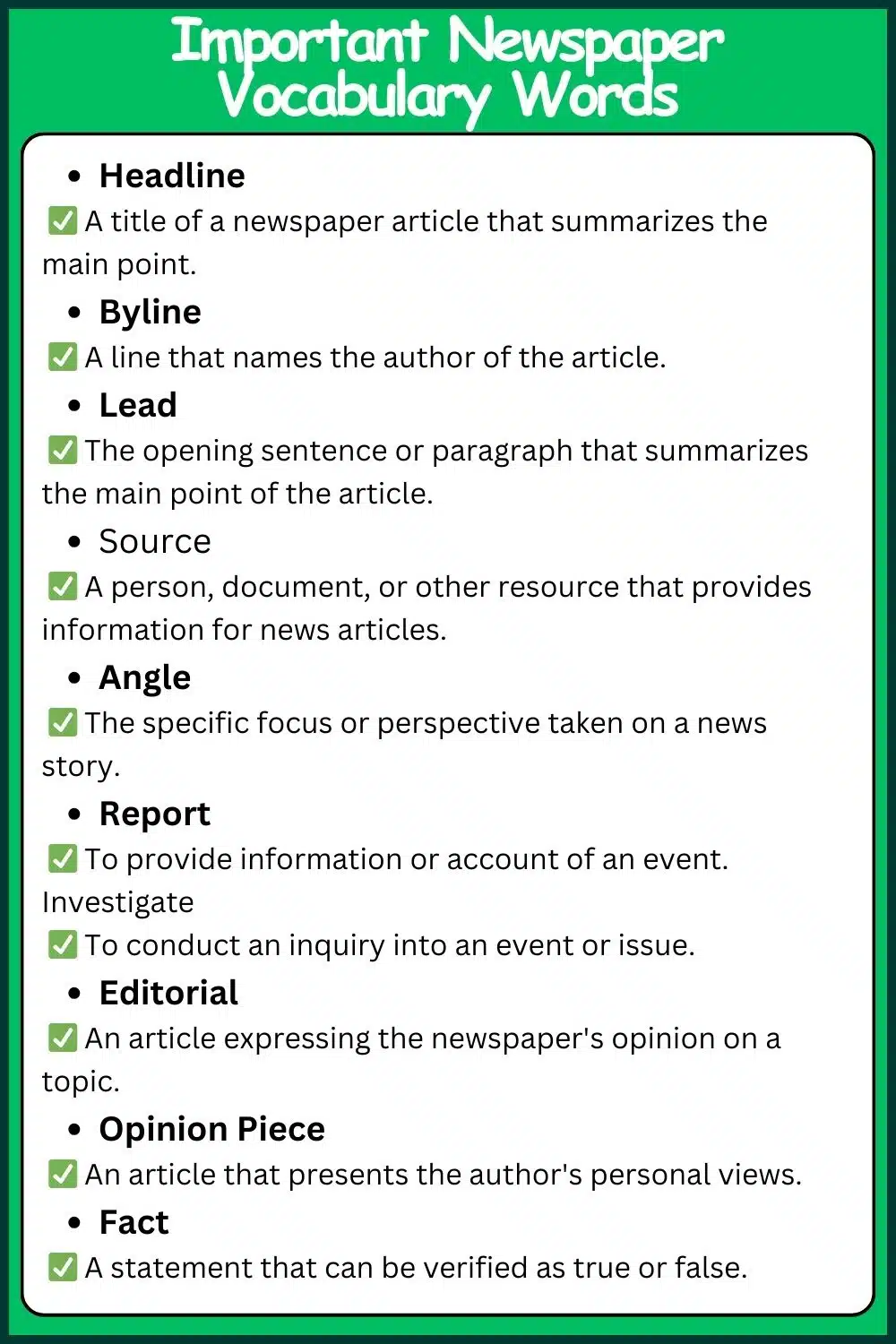 Newspaper vocabulary words with meaning