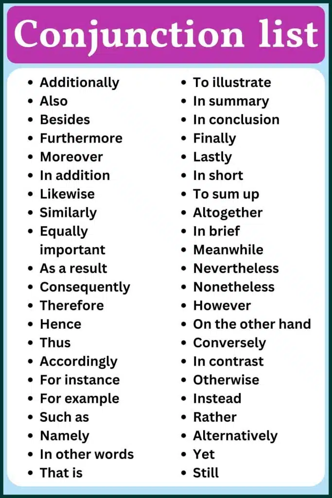 100 examples of conjunction words