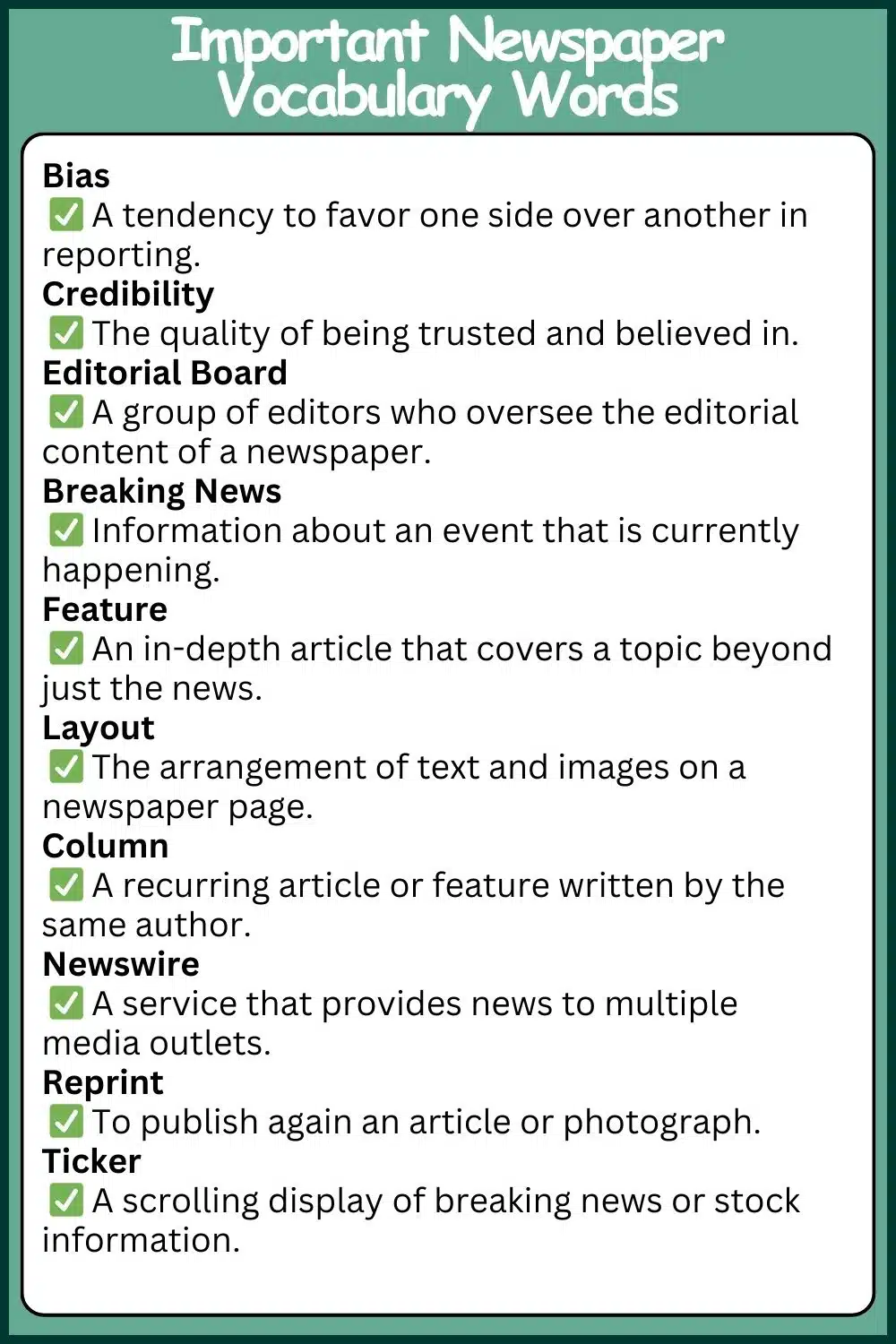 Newspaper vocabulary words with meaning