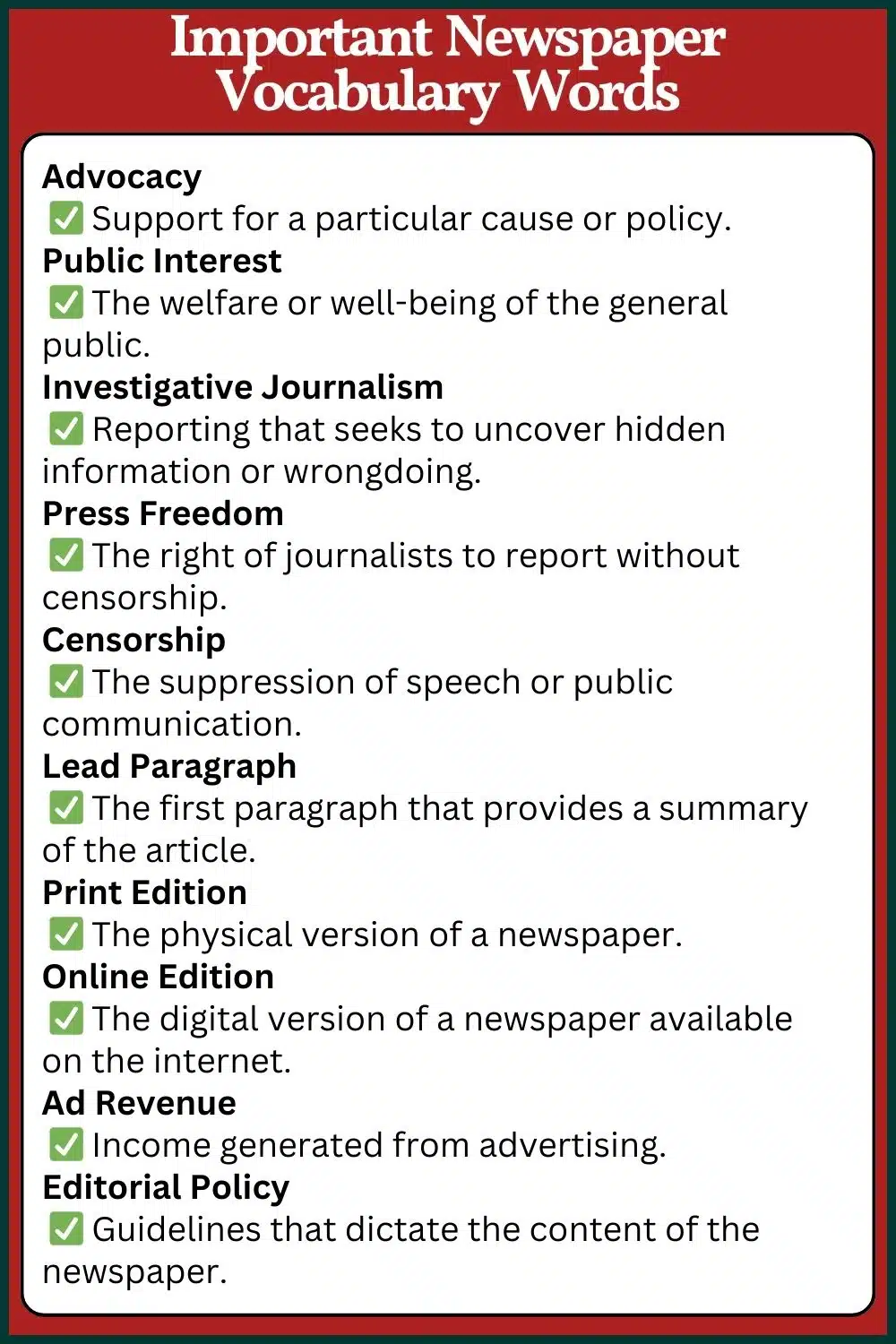 Newspaper vocabulary words with meaning