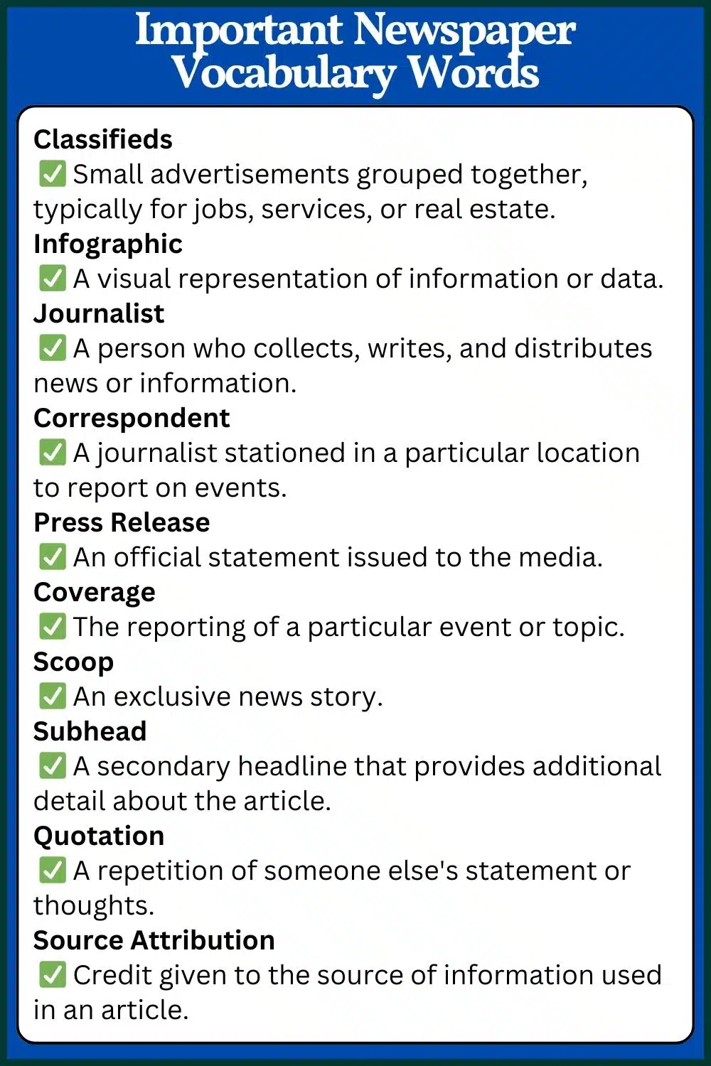 Newspaper vocabulary words with meaning