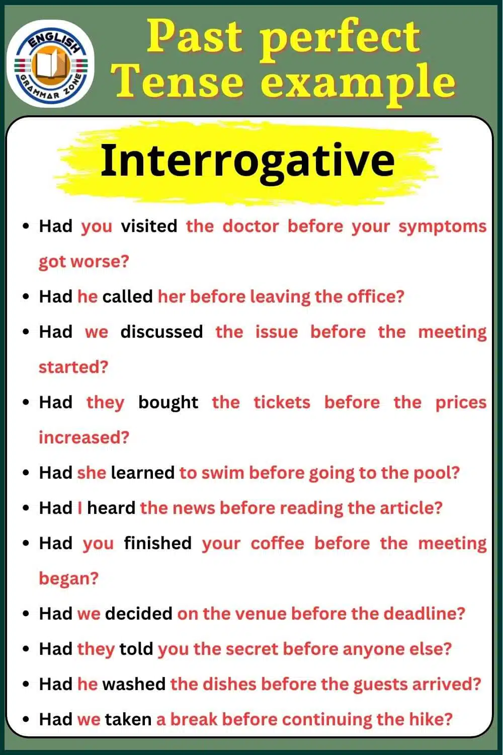 Past perfect tense example