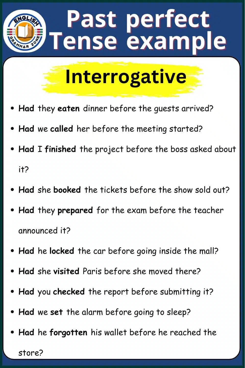 Past perfect tense example