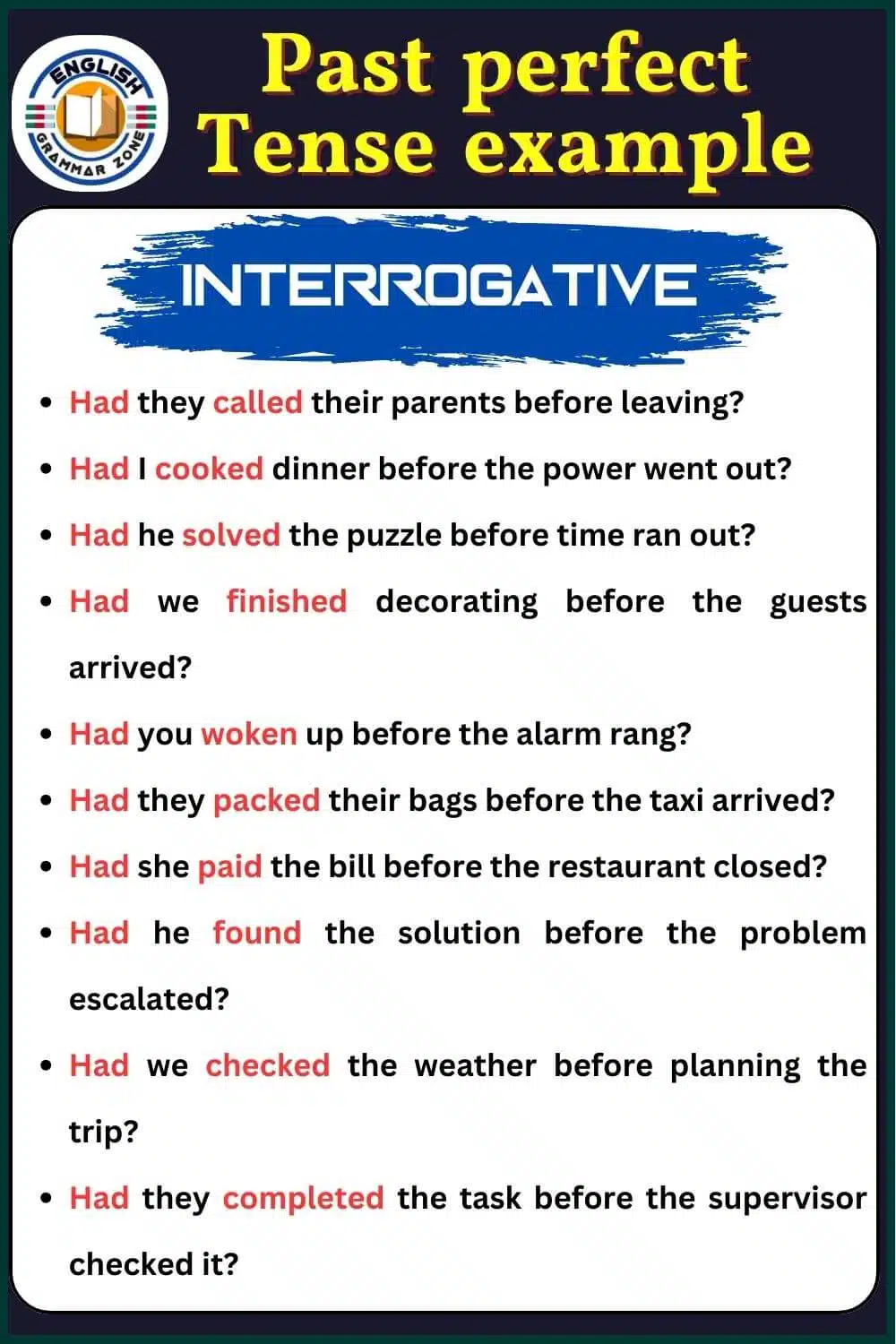 Past perfect tense example