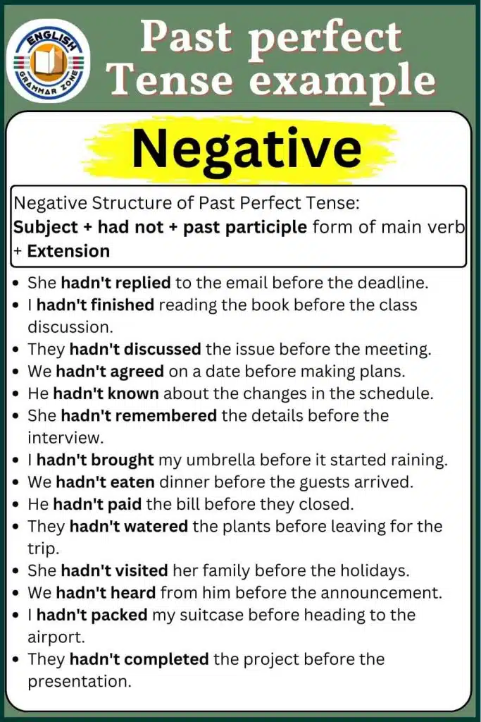 past perfect tense Negative examples