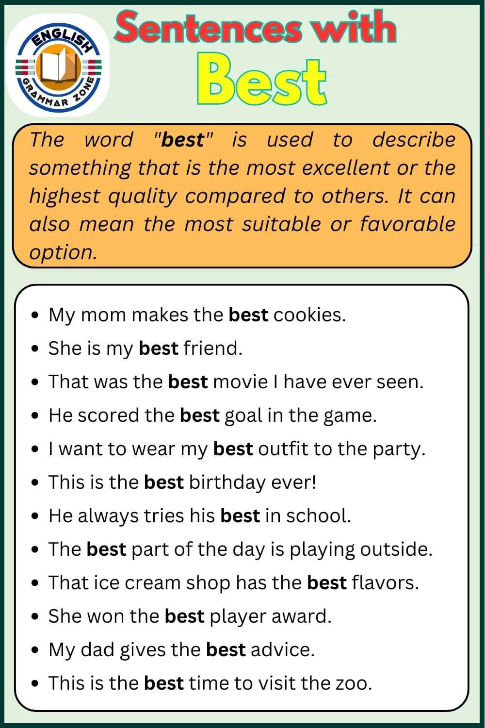 Sentence with best meaning and example