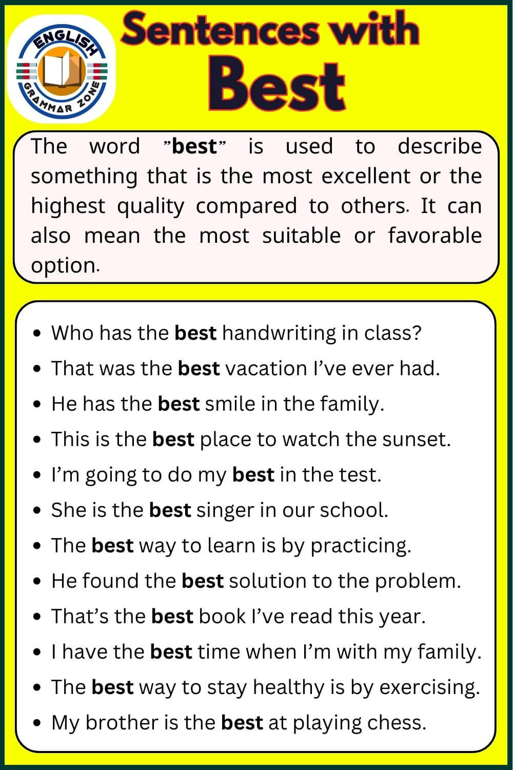 Sentence with best meaning and example