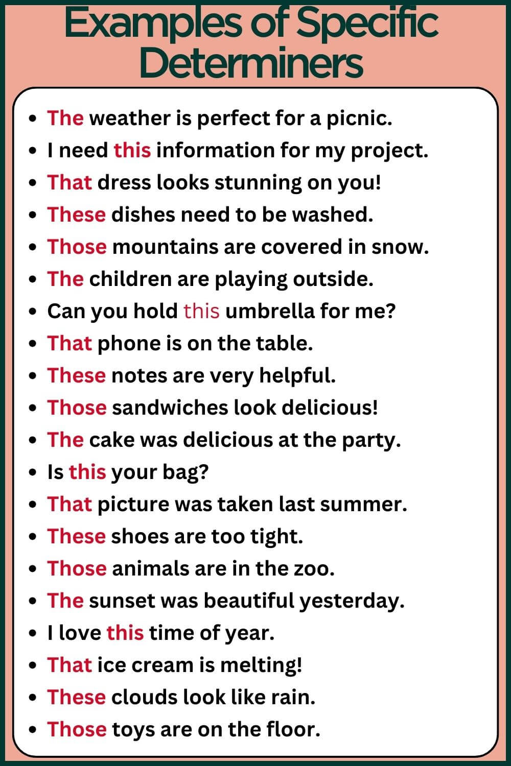 Specific determiners examples in english