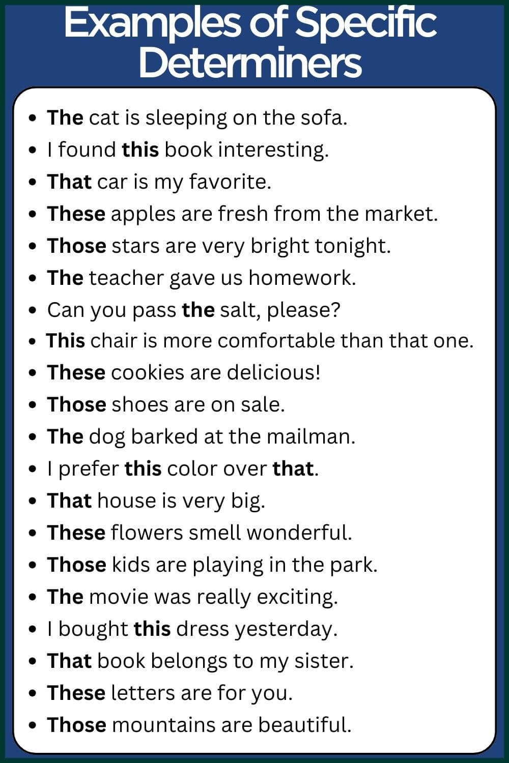 Specific determiners examples sentences