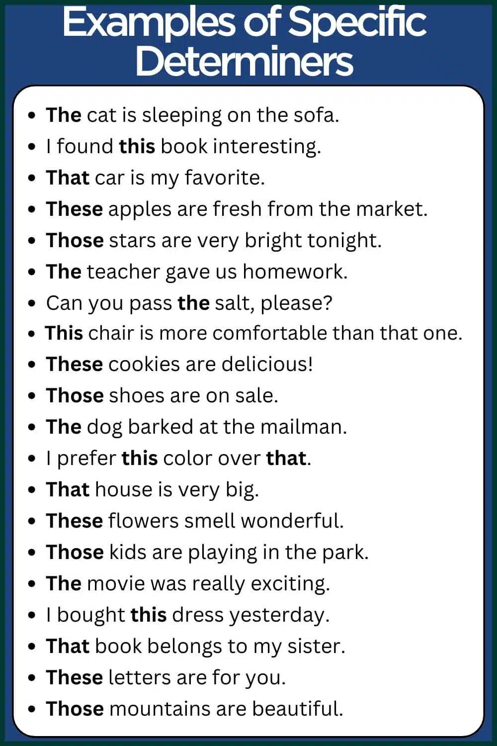 Specific determiners examples sentences