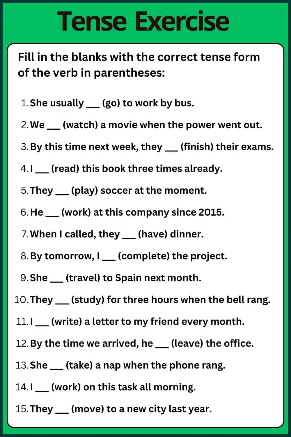 12 Types of Tenses Exercises with answers