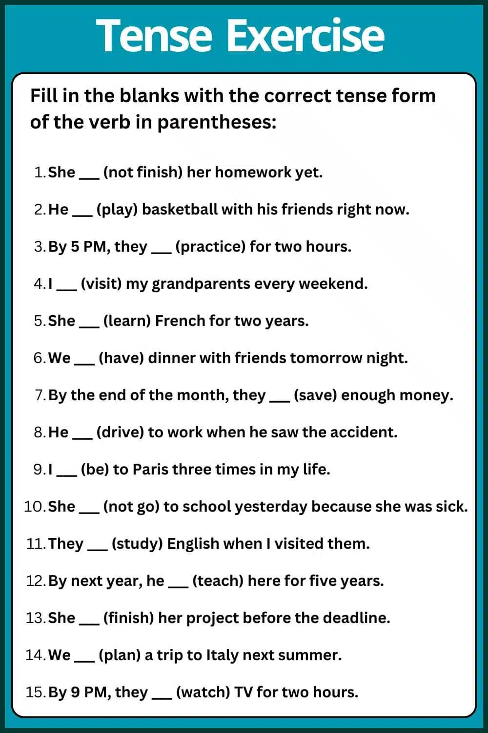 12 Types Tenses Exercises  