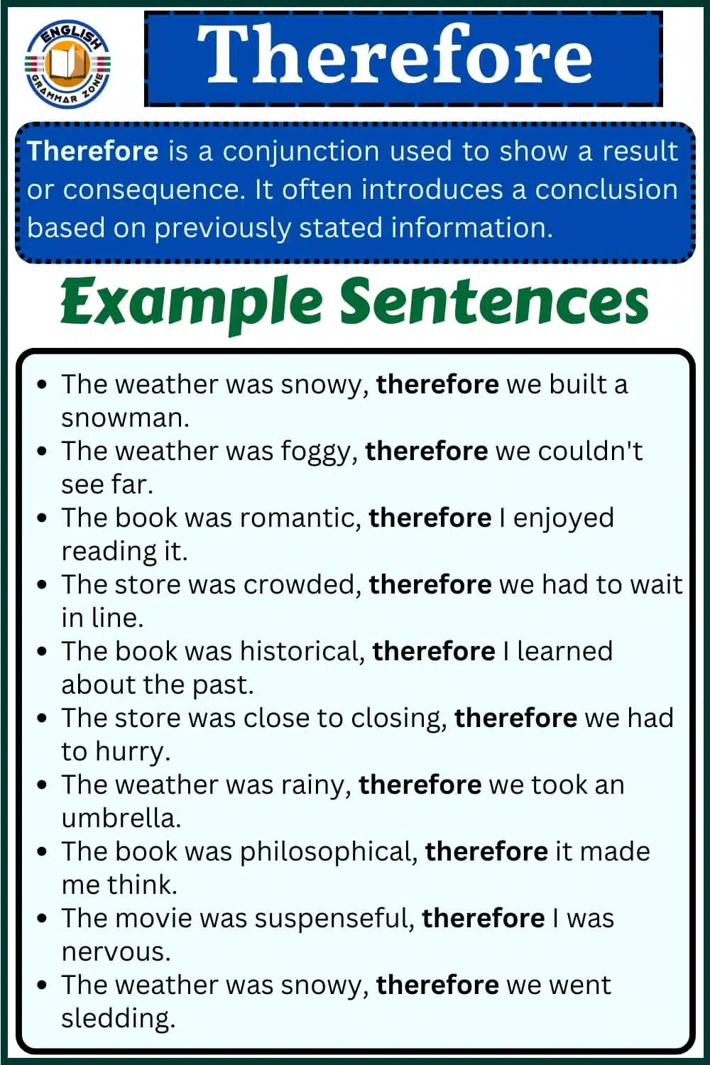 Uses Therefore, definition and examples sentence