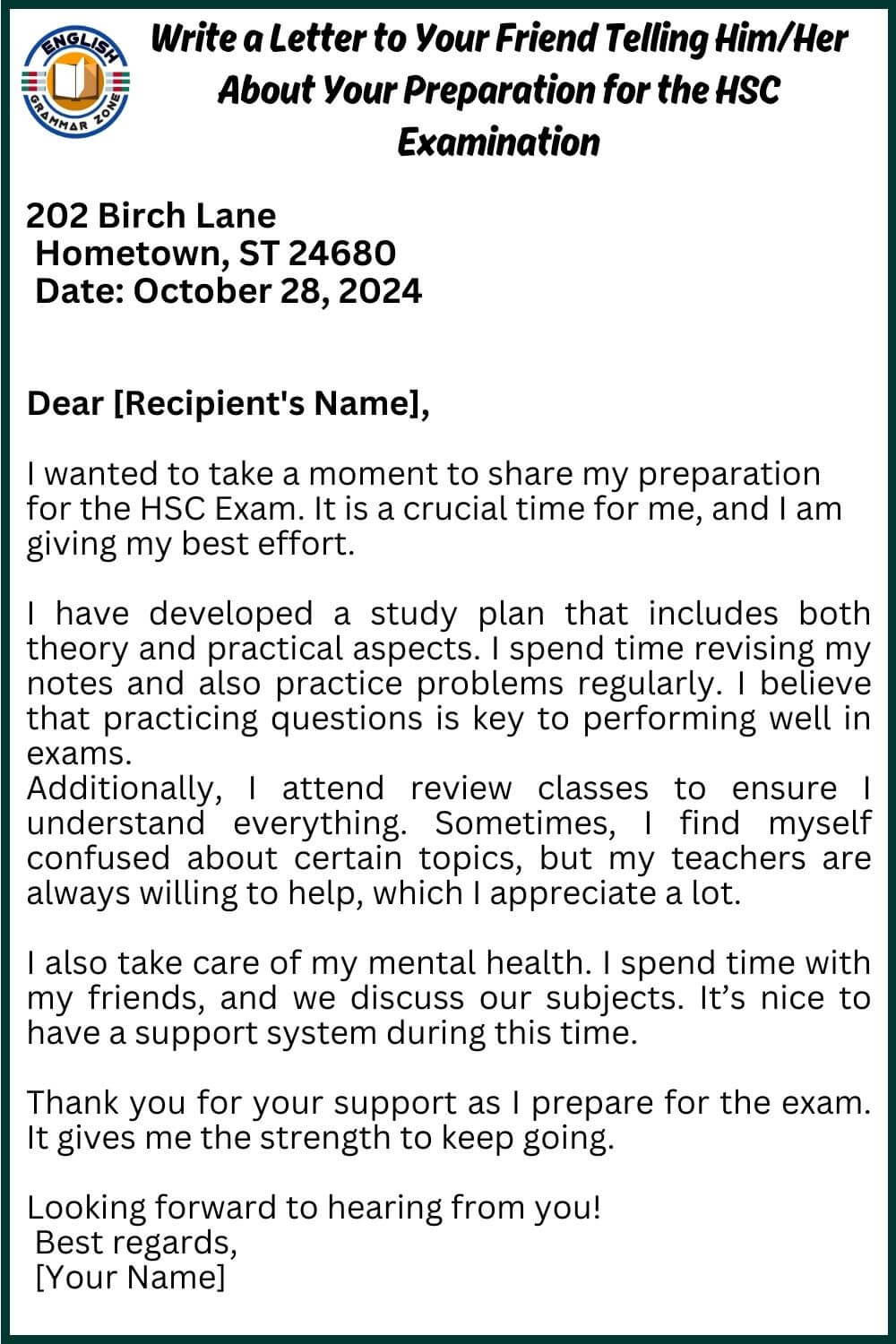 Write a Letter about Your Preparation for the HSC Exam