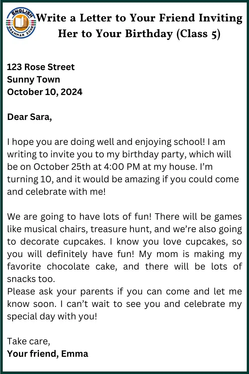 Write a Letter to Your Friend Inviting Her on Your Birthday