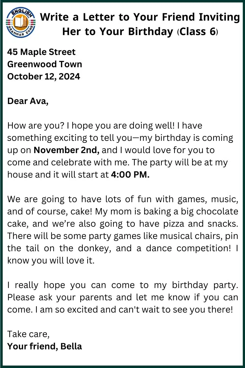 Write a Letter to Your Friend Inviting Her on Your Birthday