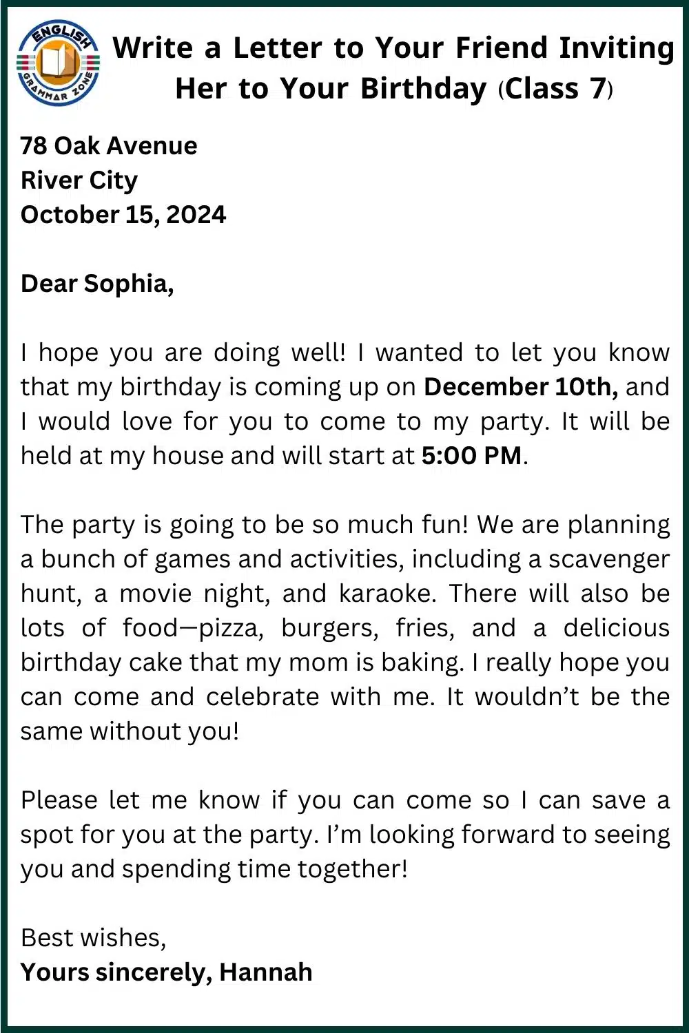 Write a Letter to Your Friend Inviting Her on Your Birthday