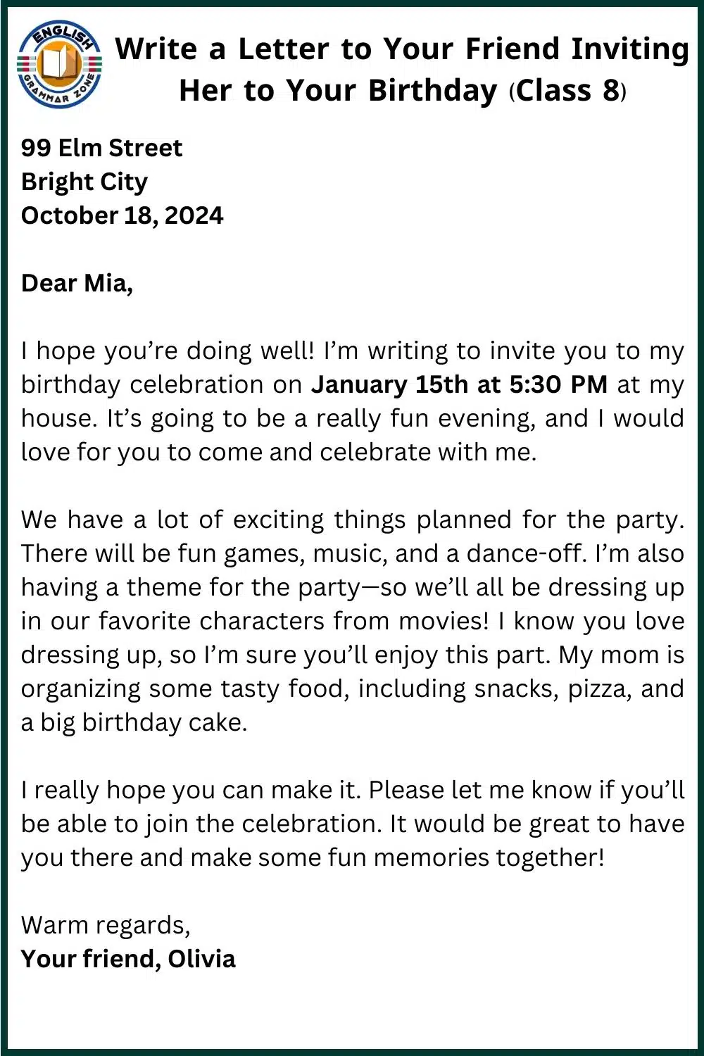 Write a Letter to Your Friend Inviting Her on Your Birthday