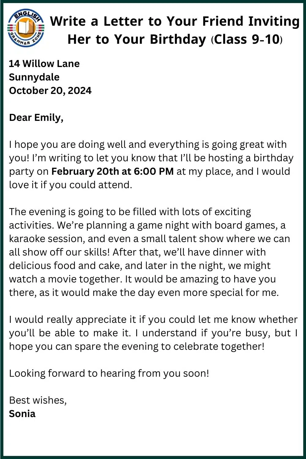 Write a Letter to Your Friend Inviting Her on Your Birthday