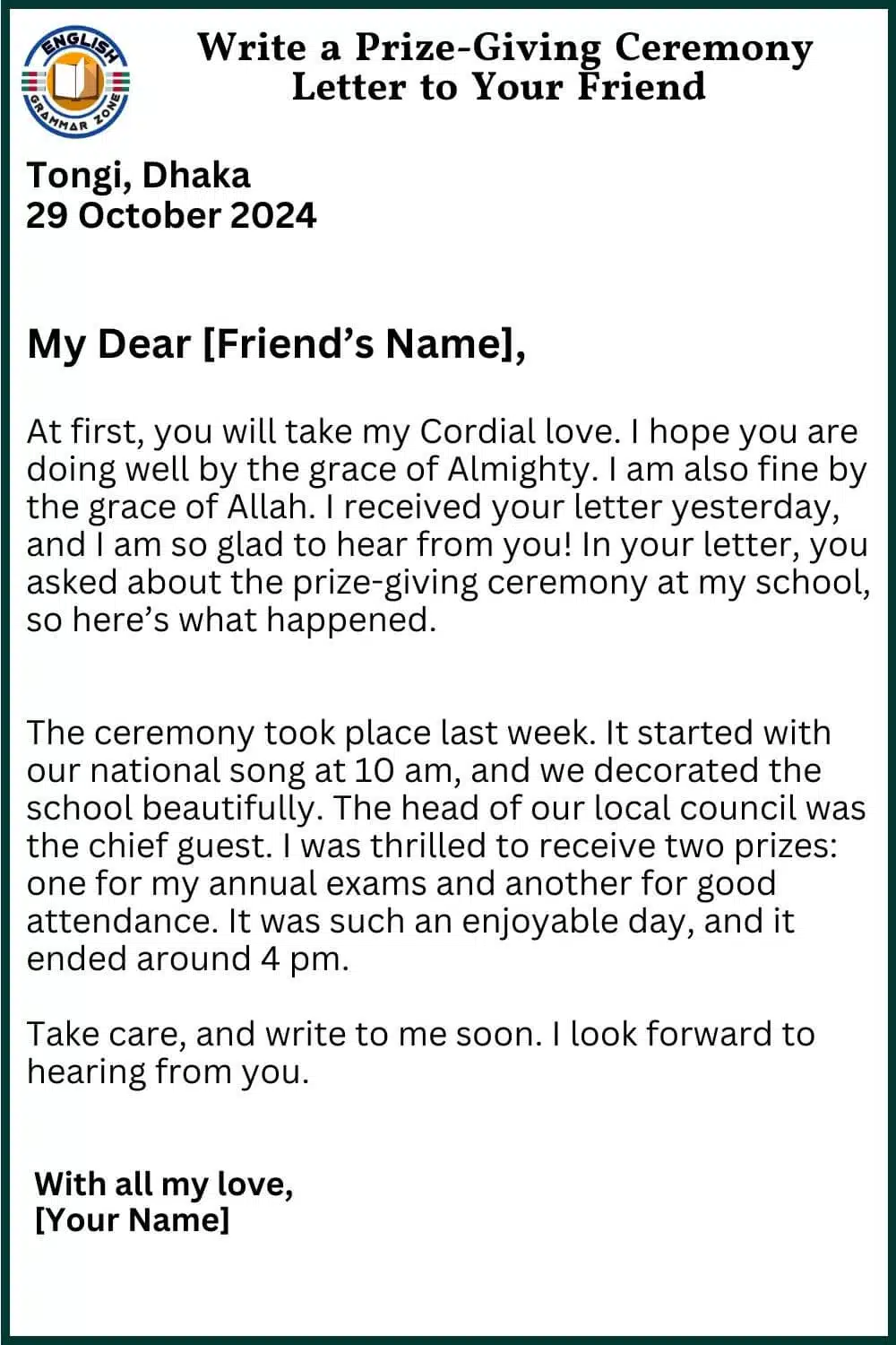 Write a Prize-Giving Ceremony Letter to Your Friend