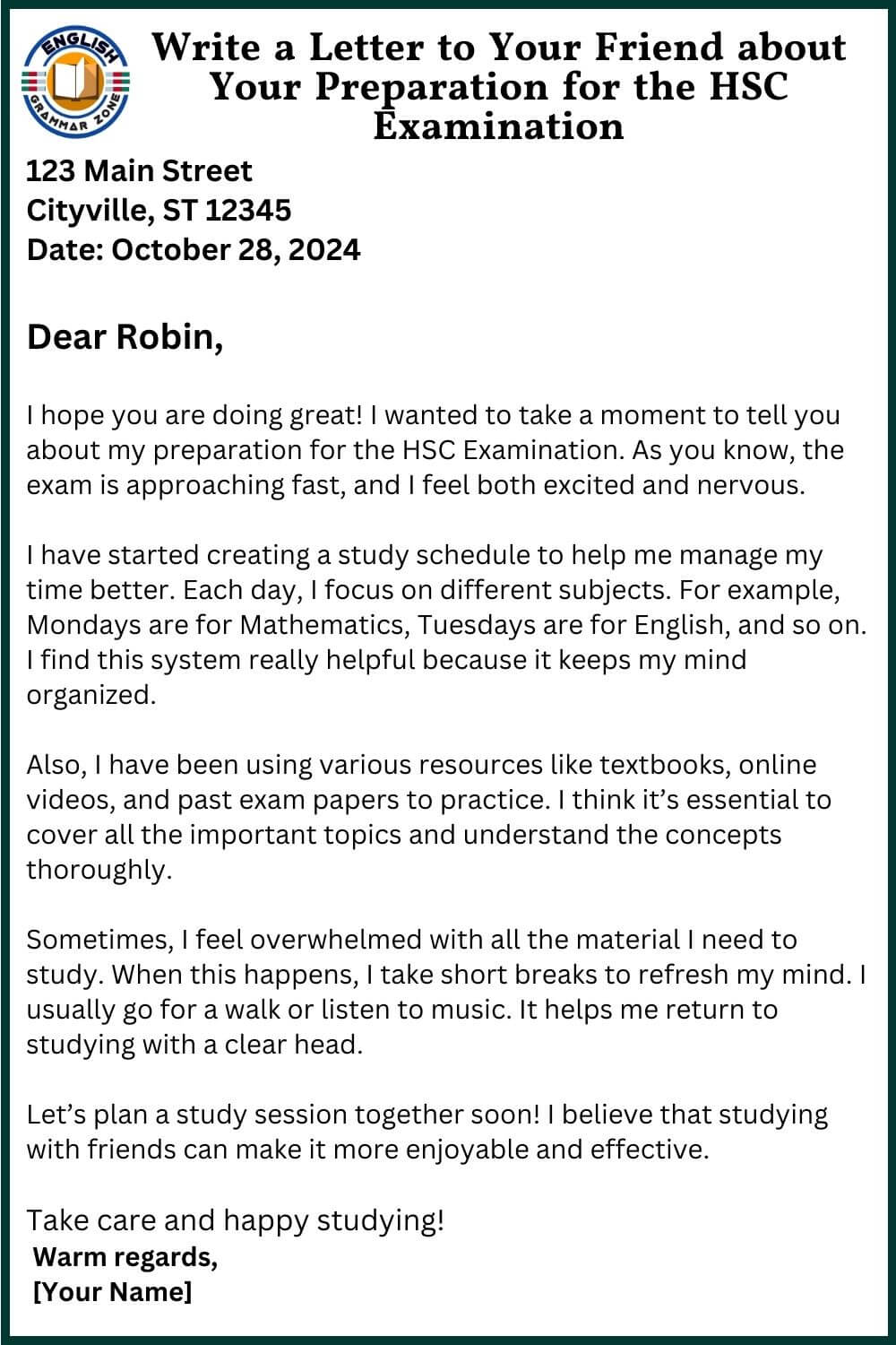 Write a letter about your preparation for HSC exam
