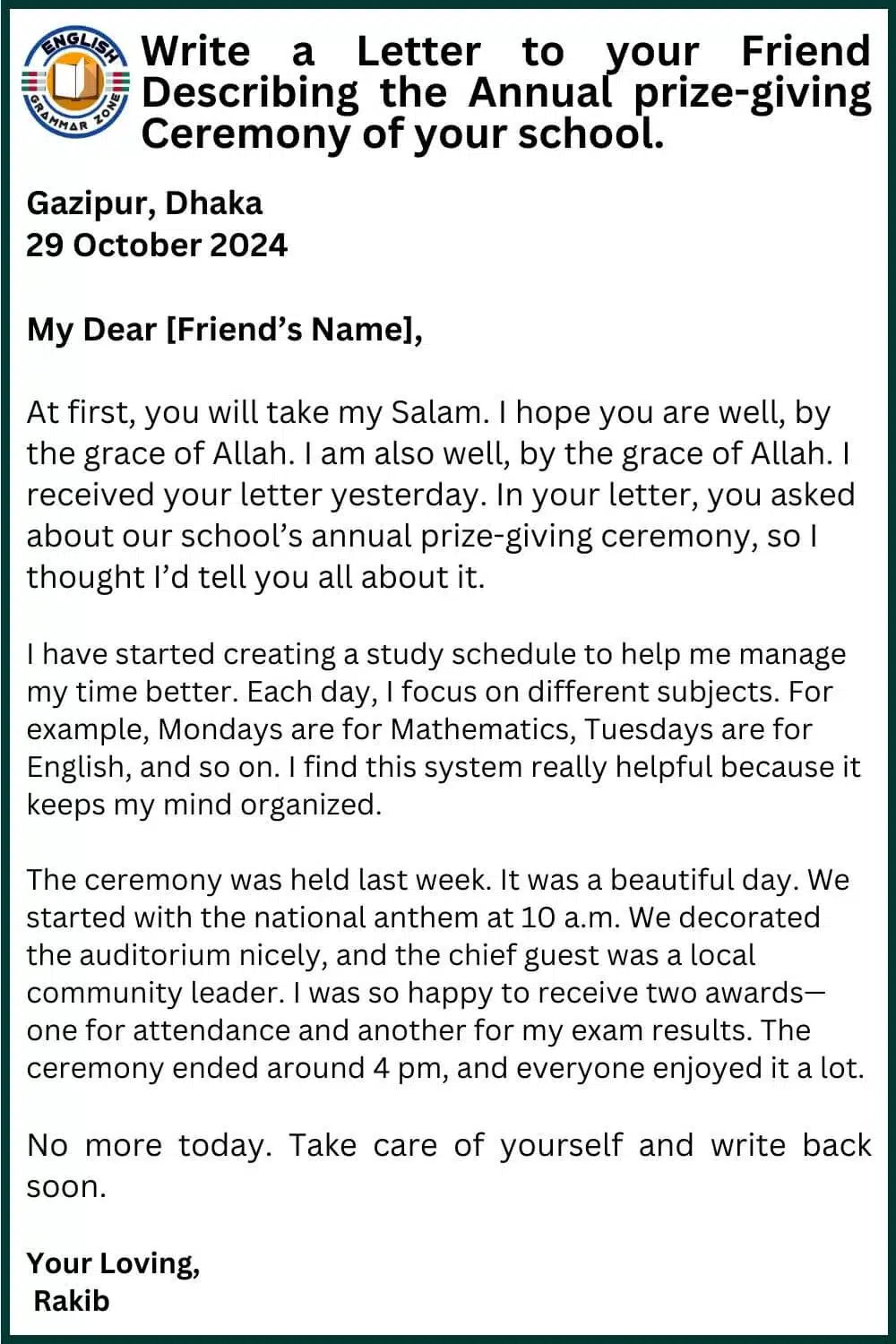 Write a letter to your friend describing the annual prize-giving ceremony of your school.