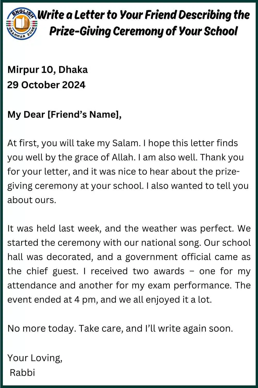 Write a Letter to Your Friend Describing the Annual Sports Prize -Distribution Ceremony at Your School