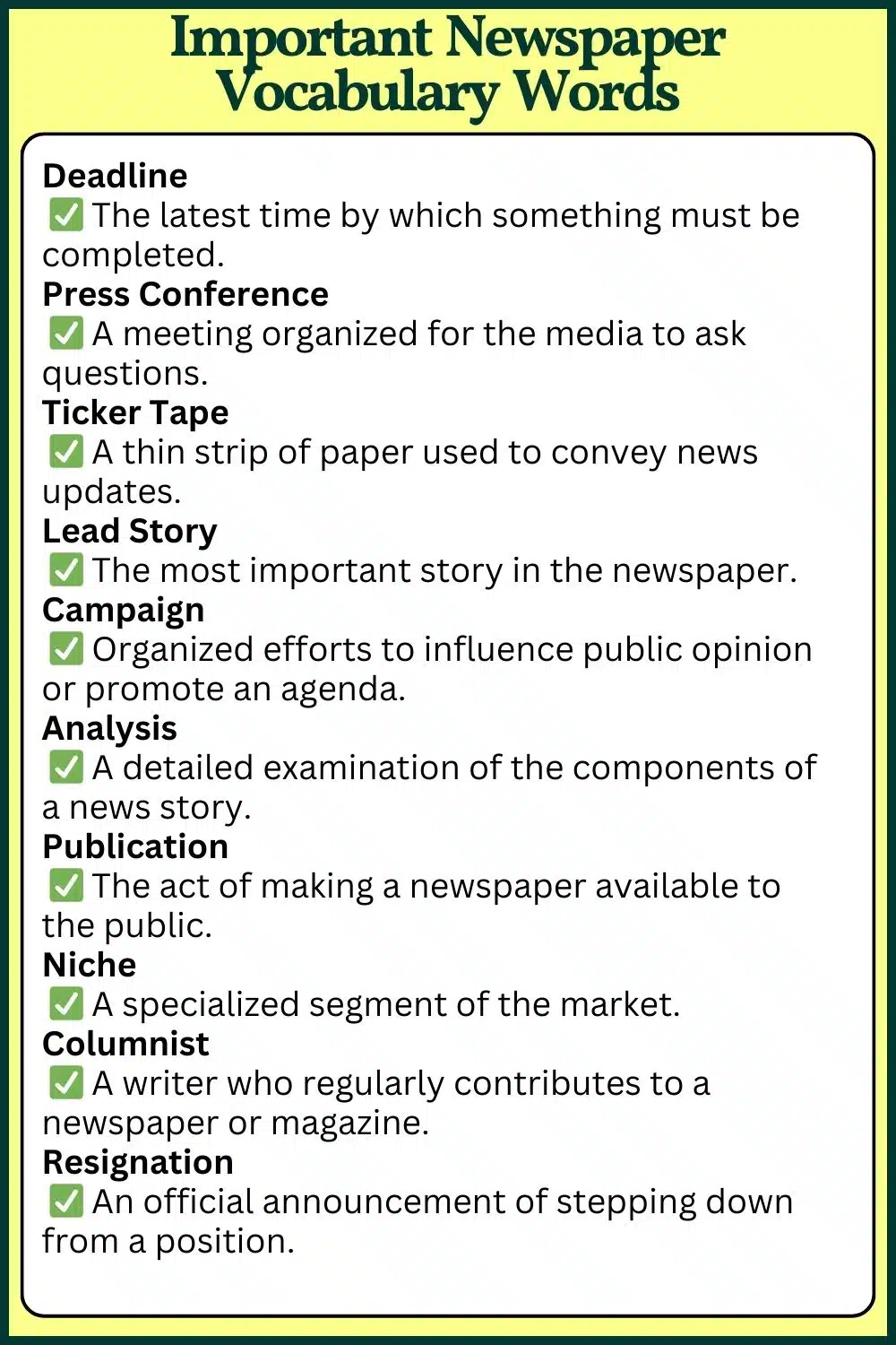 Newspaper vocabulary words with meaning