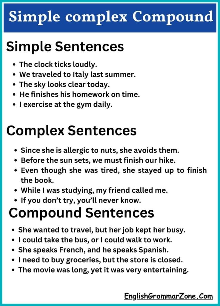 Simple Compound and Complex Sentences Examples