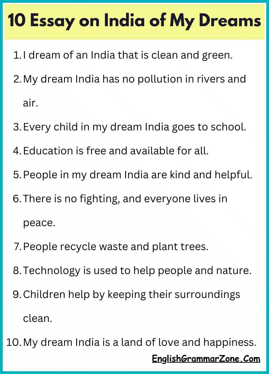 10 Essay on India of My Dreams