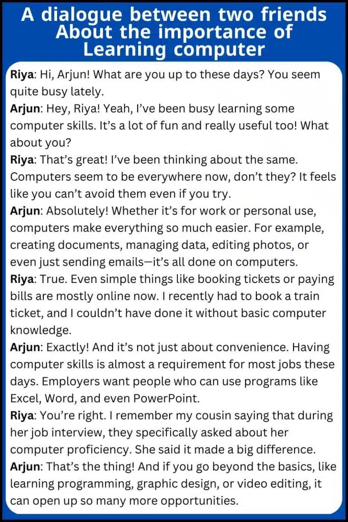 a dialogue between two friends about the importance of learning computer