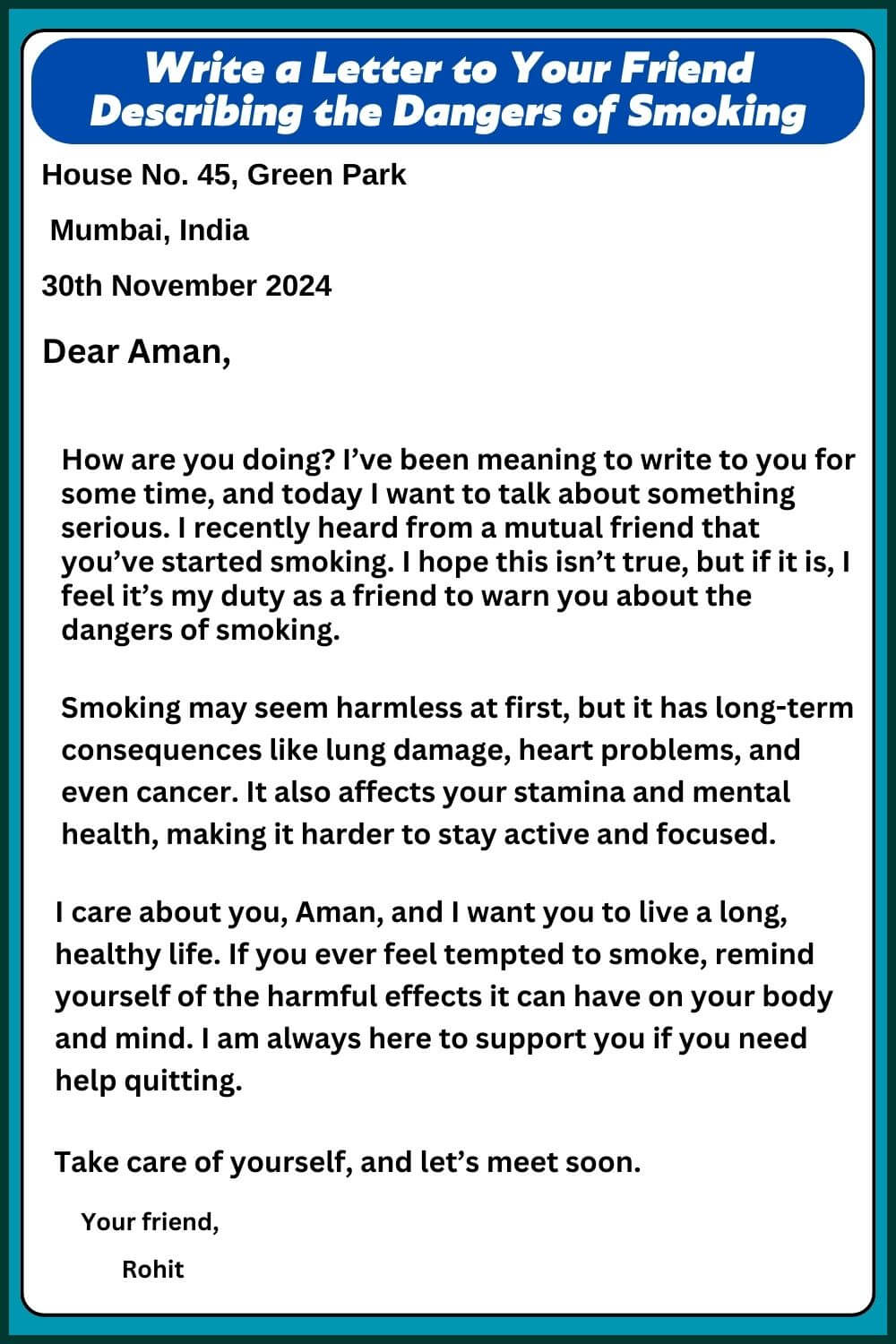 Letter to Your Friend Describing the Dangers of Smoking