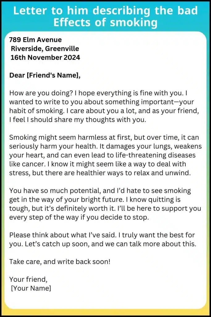 Letter to him describing the bad effects of smoking