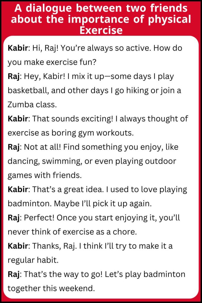 A dialogue between two friends about the importance of physical Exercise
