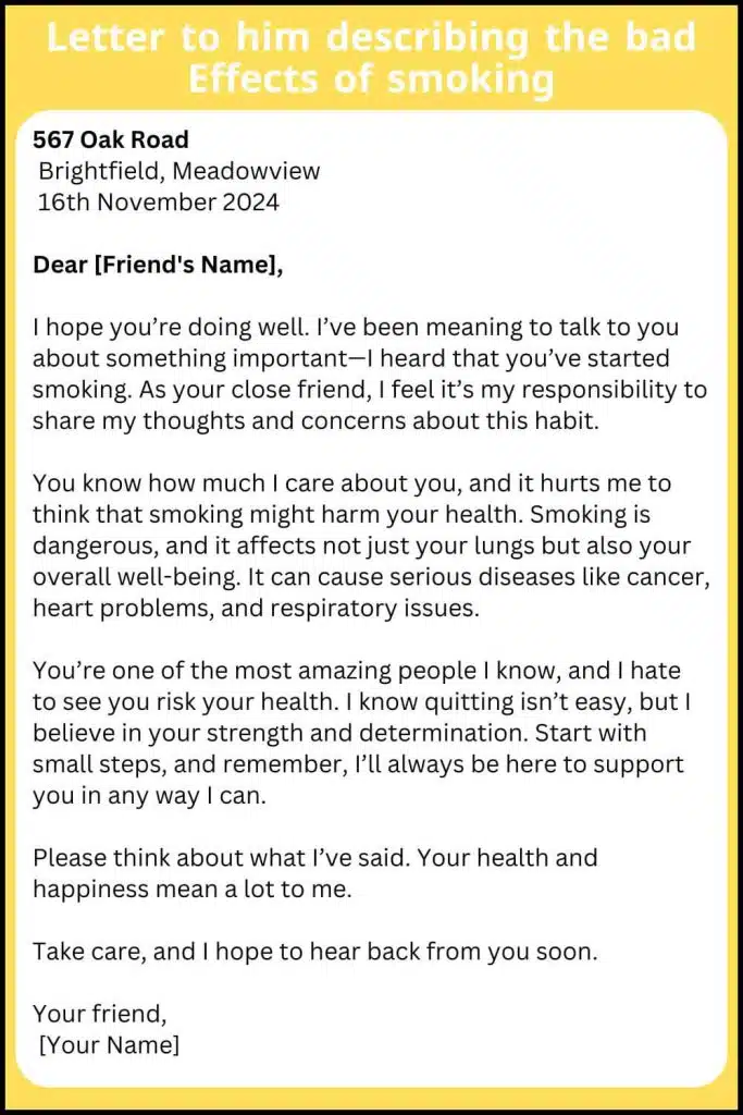 Letter to him describing the bad effects of smoking