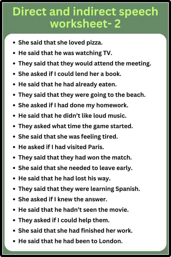 Direct And Indirect Speech Worksheet