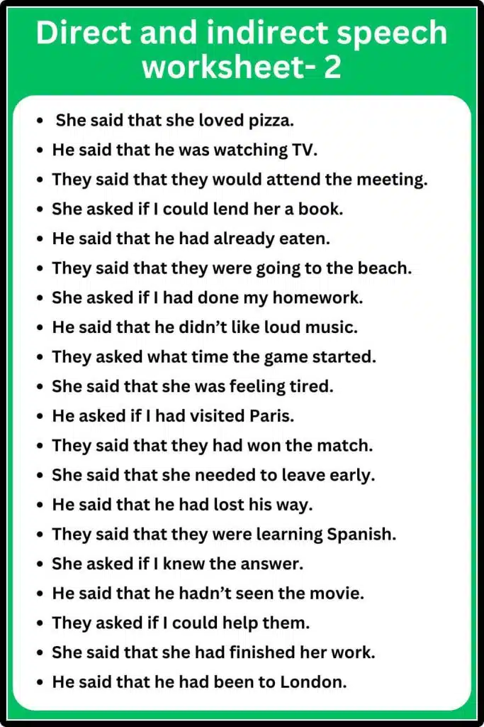 Direct And Indirect Speech Worksheet
